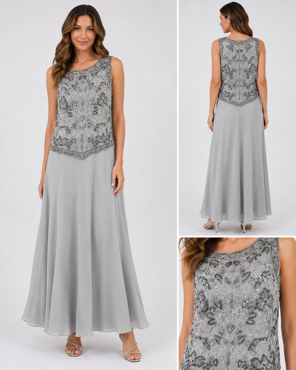 J Kara Silver Gray Beaded Sequin Chiffon Formal Maxi Gown Dress Size L